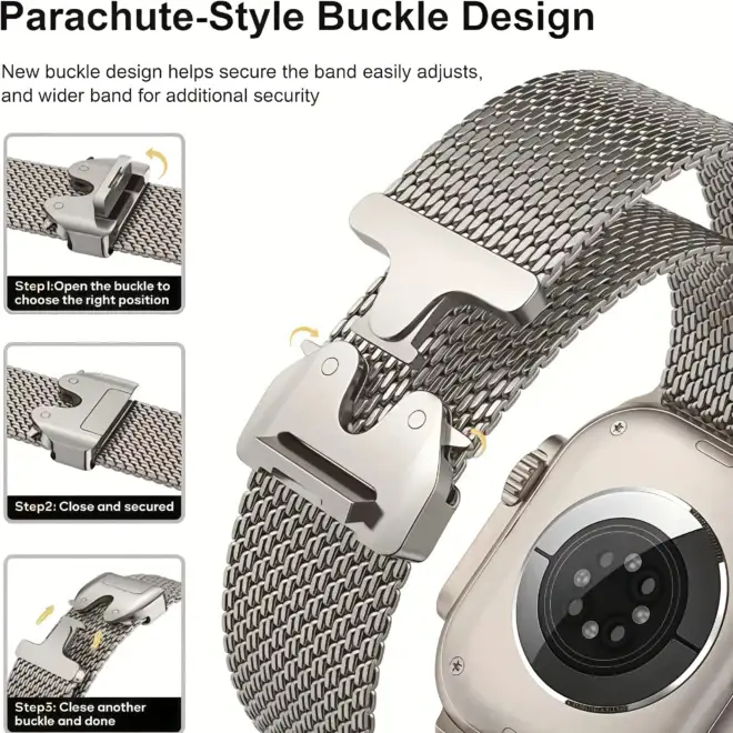 Custom Stainless Steel Mesh Loop with Parachute-style Buckle for Apple IWatch,samsung,garmin,huawei,xiaomi - Image 2